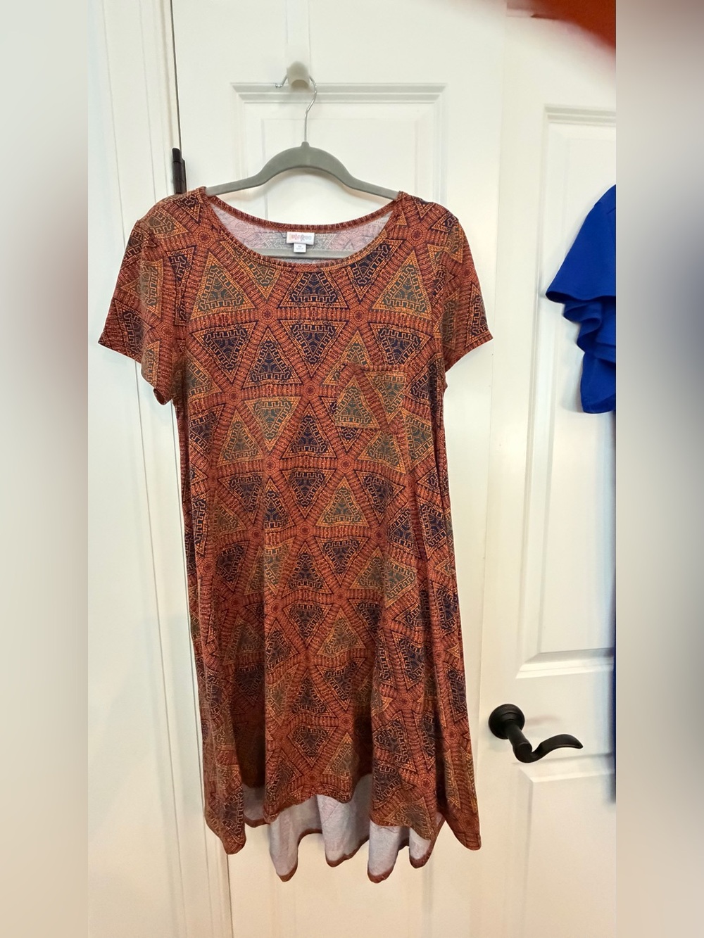 LuLaRoe Short Sleeve Geo Swing Dress in Rust and Navy